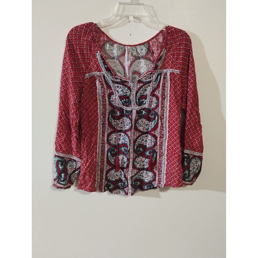 Live 4 Truth Boho Paisley Peasant Blouse Red Tassel Tie Top Small